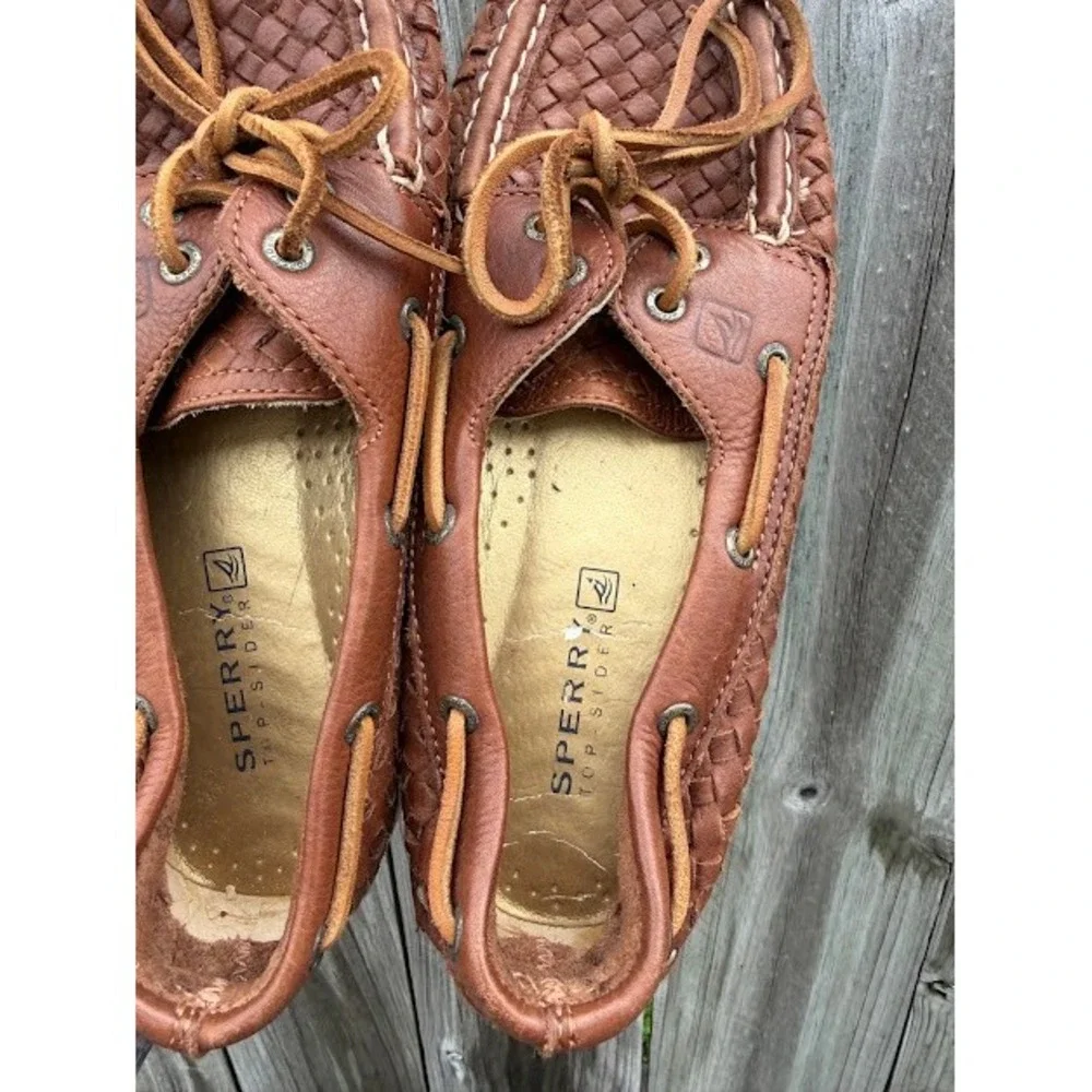 Coastal Preppy Sperry Top-Sider Boat Shoes 7.5 Brown Woven Leather Loafers